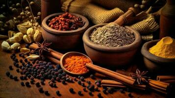 Spices and herbs banner background. Variety of spices. Generative AI photo