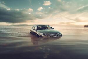 Car swamped in flood water. photo
