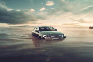 Car swamped in flood water. Generative AI photo