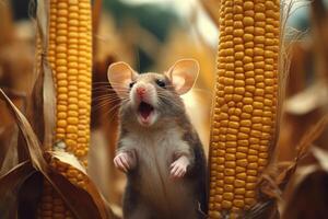 Closeup curious young gray mouse lurk near the corn. Concept of rodent control.Generative AI photo