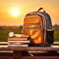 Backpack with books on wooden table over sunset sky background. Back to school concept. Generative AI photo