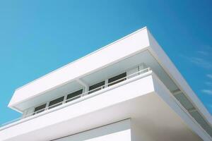 Low angle shot of a facade of a white modern building under a blue clear sky. Generative AI photo