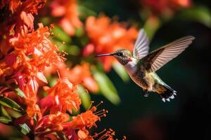 Hummingbird sucks nectar from flower in the morning. Close Up. Generative AI photo