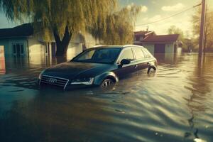 Car swamped in flood water. Generative AI photo