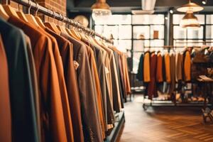 Diversity of formal clothes hanging in modern retail shop. Generative AI photo