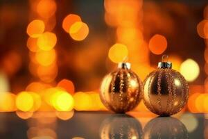 Christmas with Decoration red balls and lights In abstract defocused background, New Year concept , Generate Ai photo