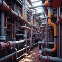 Network of pipes in factory. Generative AI photo