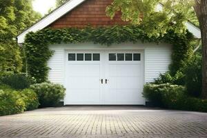 White garage door with a driveway in front. Generative AI photo