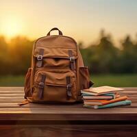 Backpack with books on wooden table over sunset sky background. Back to school concept. photo
