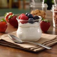 White yogurt with fruit in a jar. photo