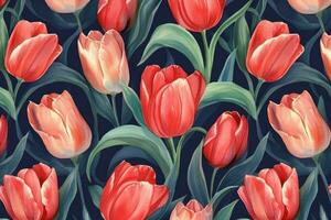 Seamless tulip floral pattern. Generative AI. photo