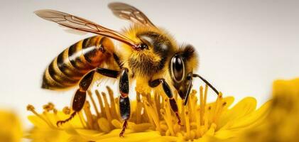 miel abeja se sienta en un flor y recoge néctar. cerca - arriba de un trabajando insecto. generativo ai foto