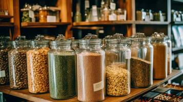 Customers buying dry goods and bulk products in plastic free grocery store. Conscious shopping, sustainable small businesses, minimalist lifestyle. Generative AI photo