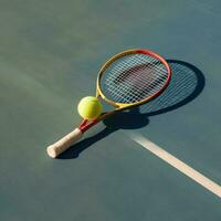 Tennis ball and racket on the tennis court. Generative AI photo