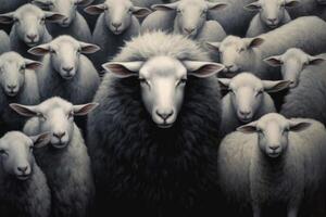 Black sheep in the middle of a flock of white sheep. photo