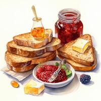 Ingredients for delicious toasts with jam. Generative AI photo