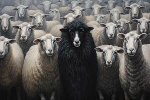 Black sheep in the middle of a flock of white sheep. photo