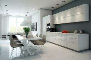 Luxury interior design of modern white kitchen. Generative AI photo