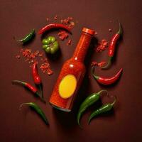 botella de picante salsa con rojo caliente chile pimienta. generativo ai foto