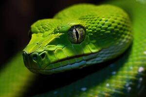 Close-up view of a green snake. Generative AI photo