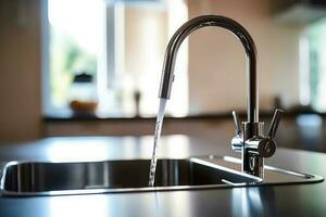 Modern tap faucet and sink on new kitchen. Generative A photo