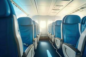 Empty air plane seats. Airplane interior. Generative AI photo