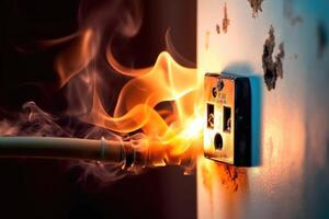 Electrical short circuit. Failure caused by burning wire and rosettes socket plug in house. photo