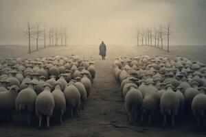 Flock of sheep staring in the same direction. photo