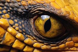 Close up of the yellow eye of a scaly reptile. Generative AI photo