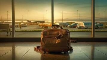 Suitcases in airport, airport hall, airplanes in the background. Generative AI photo