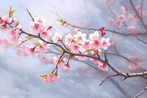 Branch of Prunus serrulata or Japanese cherry. Generative AI photo