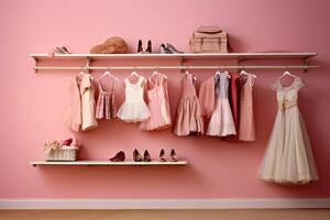 Shelving unit with children's dresses near pink wall. Generative AI photo