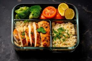 Meal prep containers with healthy lunch to go for work or school with grilled chicken, rice and vegetables. Generative AI photo