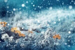 Winter background with flowers covered snow crystals glittering in sunlight. Generative AI photo