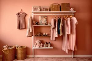 Shelving unit with children's dresses near pink wall. Generative AI photo