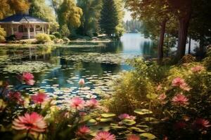 Beautiful lake with flowers around it. Generative AI photo