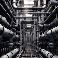 Network of pipes in factory. Generative AI photo