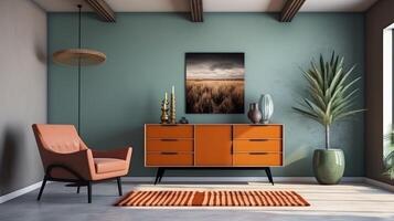 Interior design of living room with sideboard and armchair, modern home. Generative AI photo