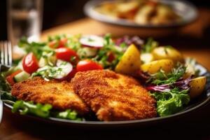 Schnitzel with potatoes and vegetables. Generative AI photo