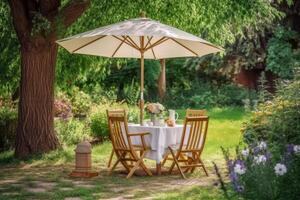 Cafe table with chair and parasol umbrella in the garden. Generative AI photo