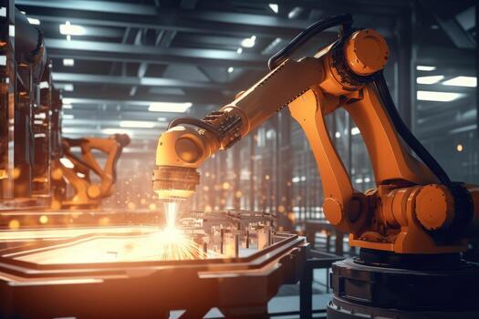 Robotic arm for electronic assembly line. Smart modern factory automation using advanced machines. photo