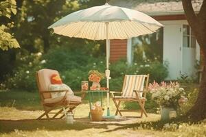 Cafe table with chair and parasol umbrella in the garden. Generative AI photo