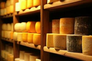 grande queso ruedas a fabricación de cerca. un queso lechería en un almacén con queso. generativo ai foto