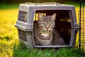 Cat sitting in carrier on grass. Generative AI photo