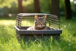 Cat sitting in carrier on grass. Generative AI photo