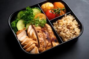 Meal prep containers with healthy lunch to go for work or school with grilled chicken, rice and vegetables. photo