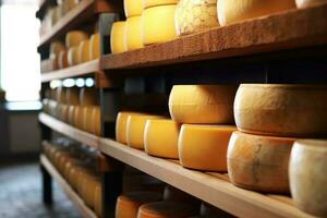 grande queso ruedas a fabricación de cerca. un queso lechería en un almacén con queso. generativo ai foto
