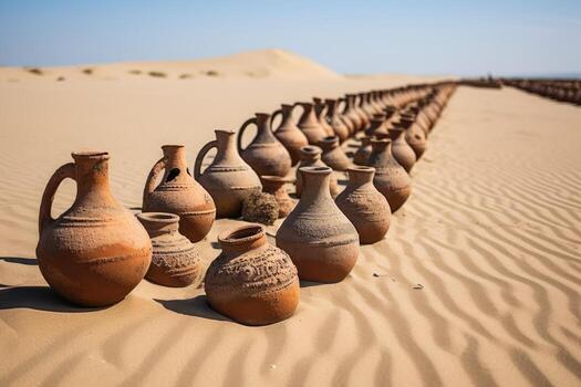 antiguo ánforas en arena. generativo ai foto