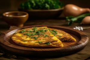 Rustic omelet on wooden plate with parsley. Generated AI photo
