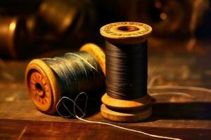 de coser hilo en un antiguo de madera carrete en Clásico estilo. generativo ai foto